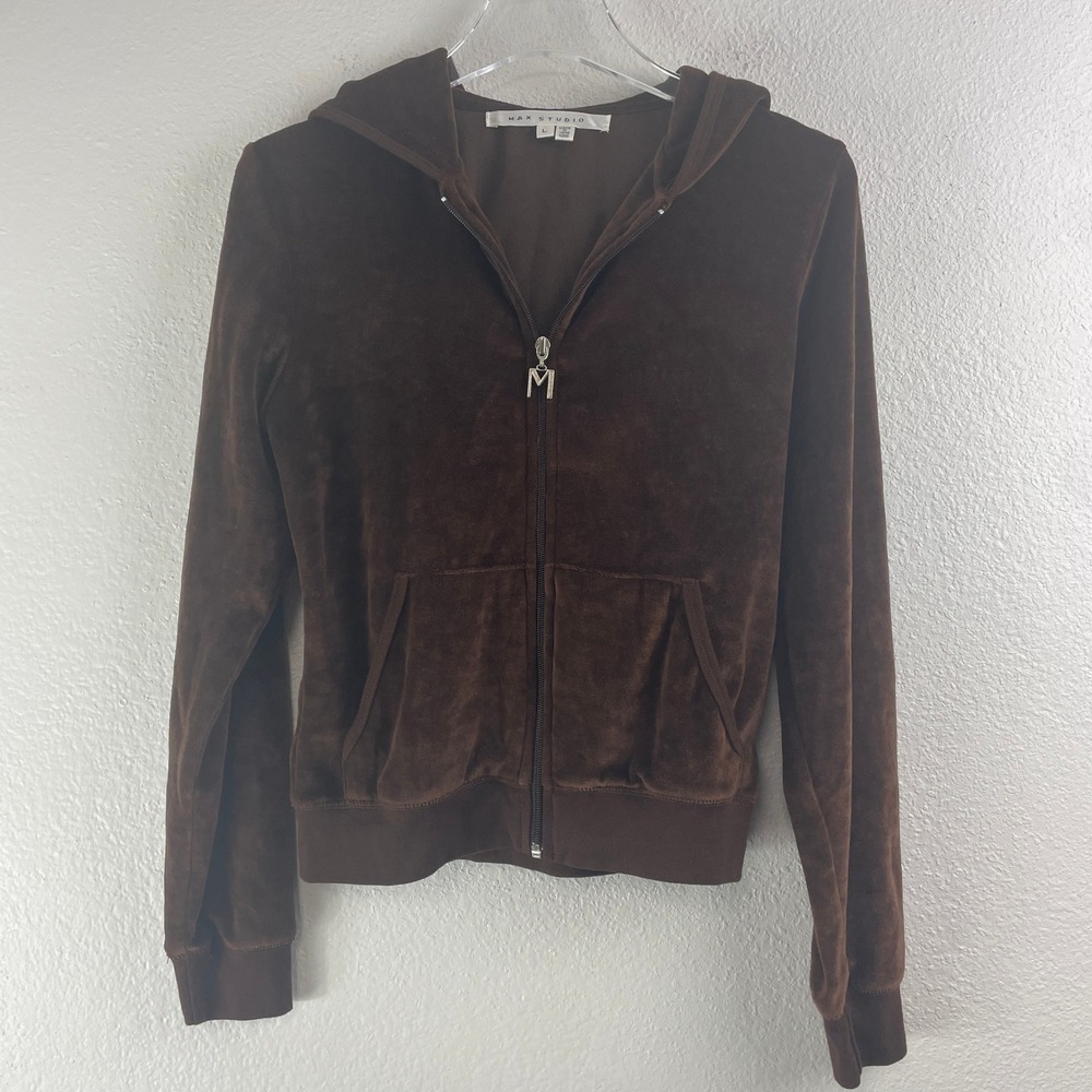 Max Studio Velour Hoodie Womens Large Chocolate Brown Zip Up Y2K Casual Jacket